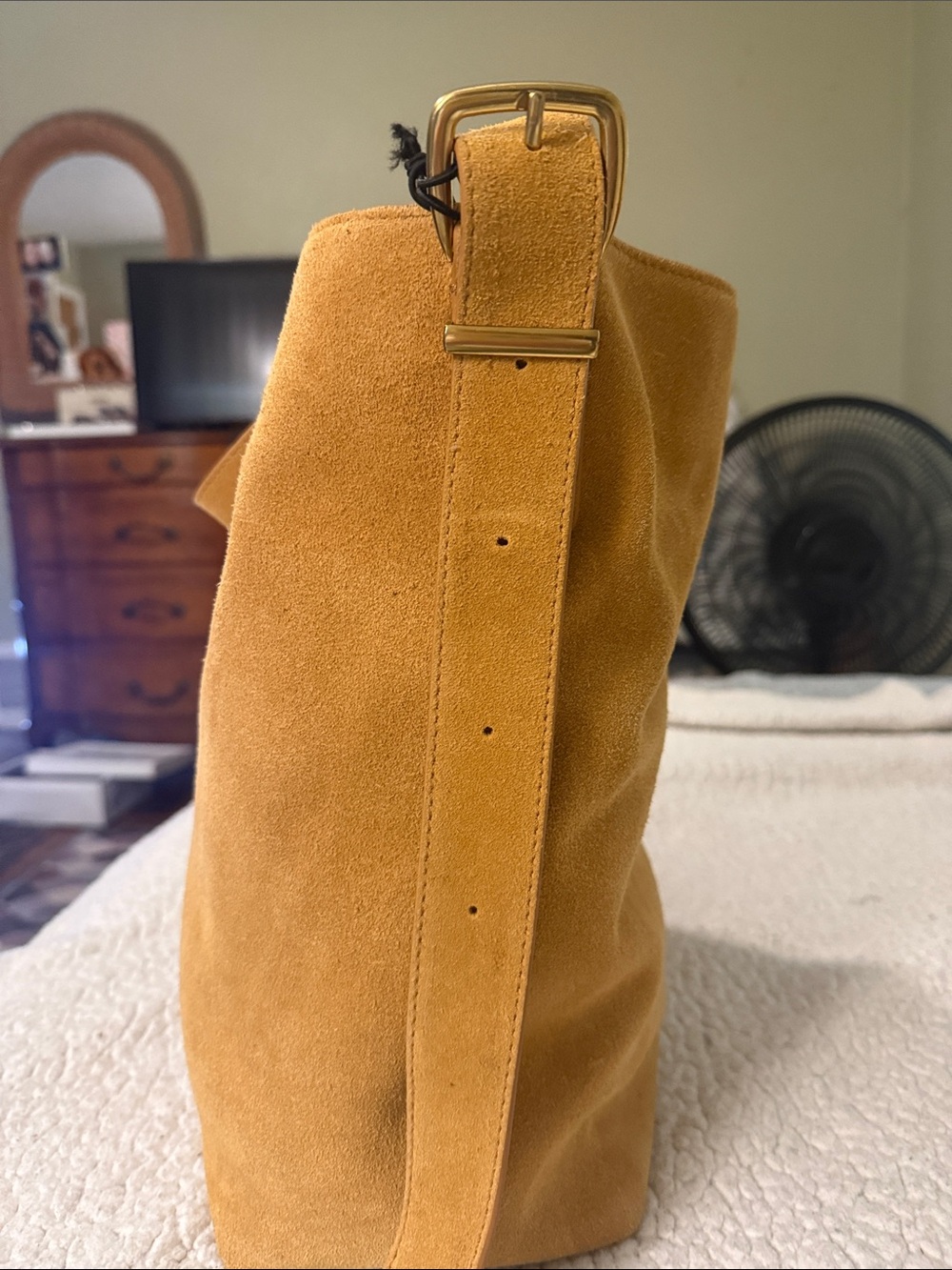 margot Suede Bucket Shoulder Bag in Mustard Yellow - Picture 2 of 10